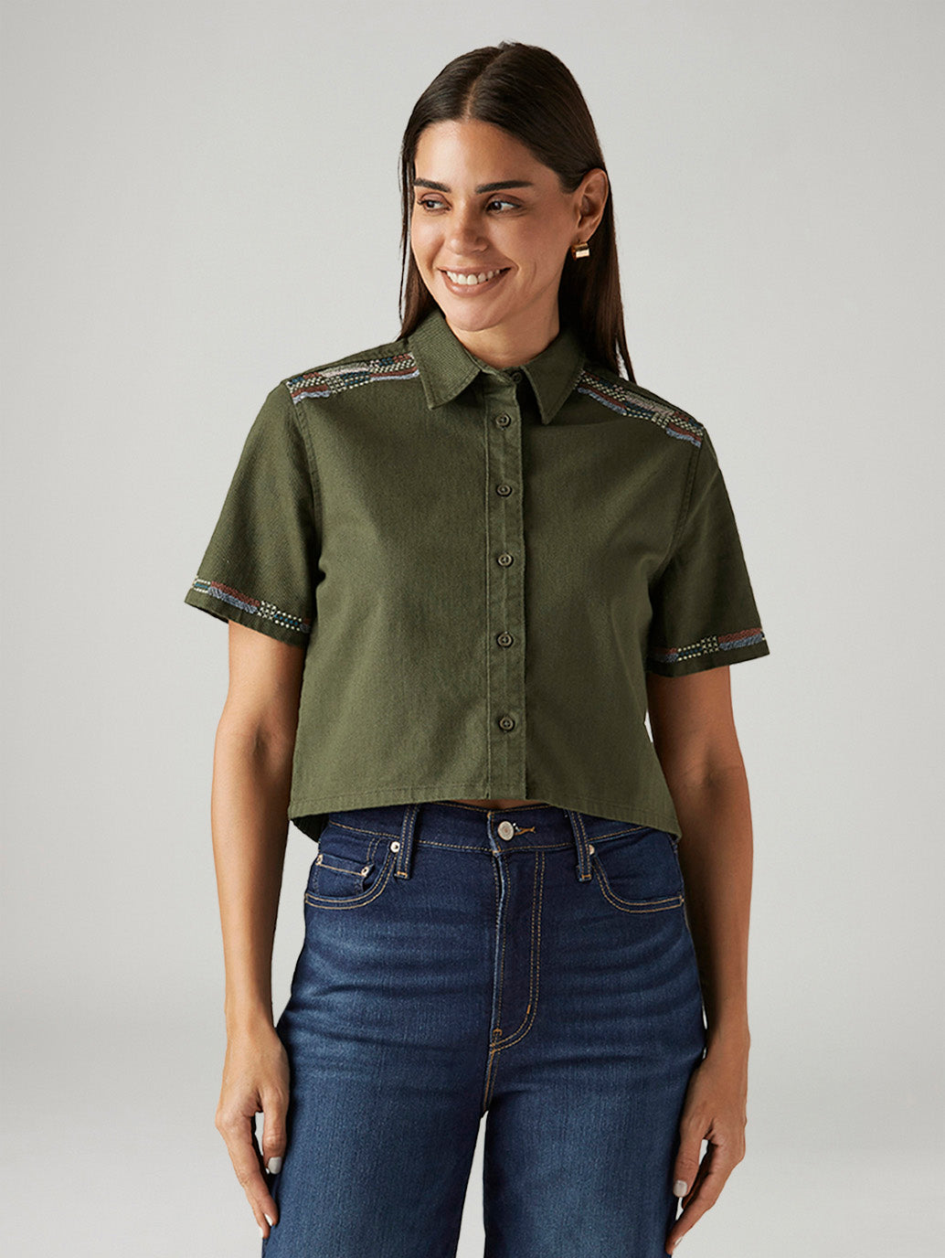 Women's Embroidered Olive Green Spread Collar Shirt - Front View