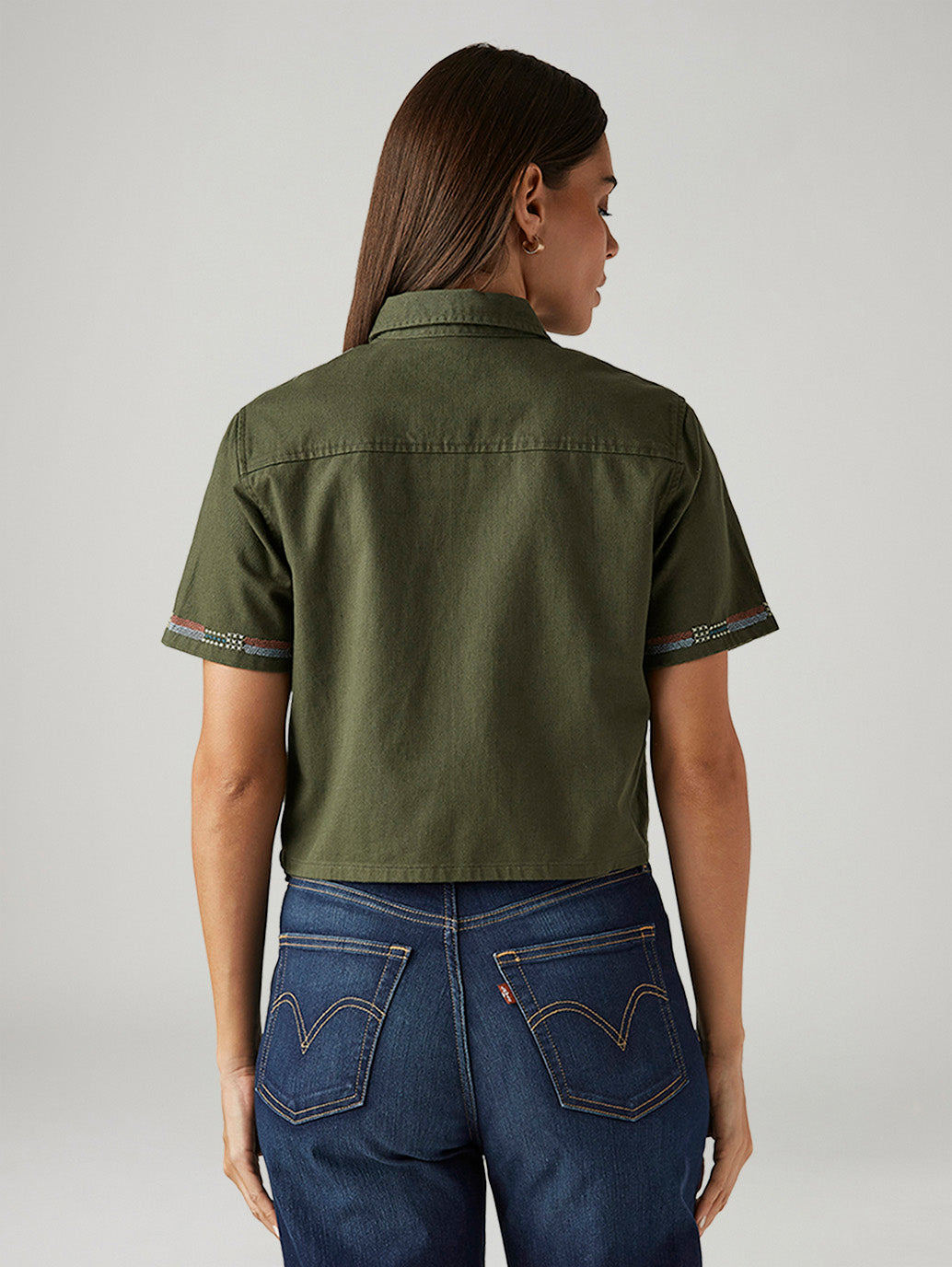 Women's Embroidered Olive Green Spread Collar Shirt - Back View