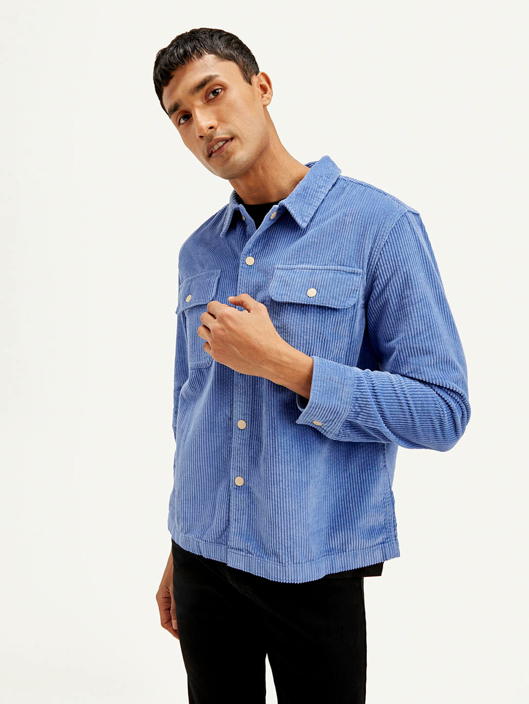 Men's Solid Blue Relaxed Fit Corduroy Shacket