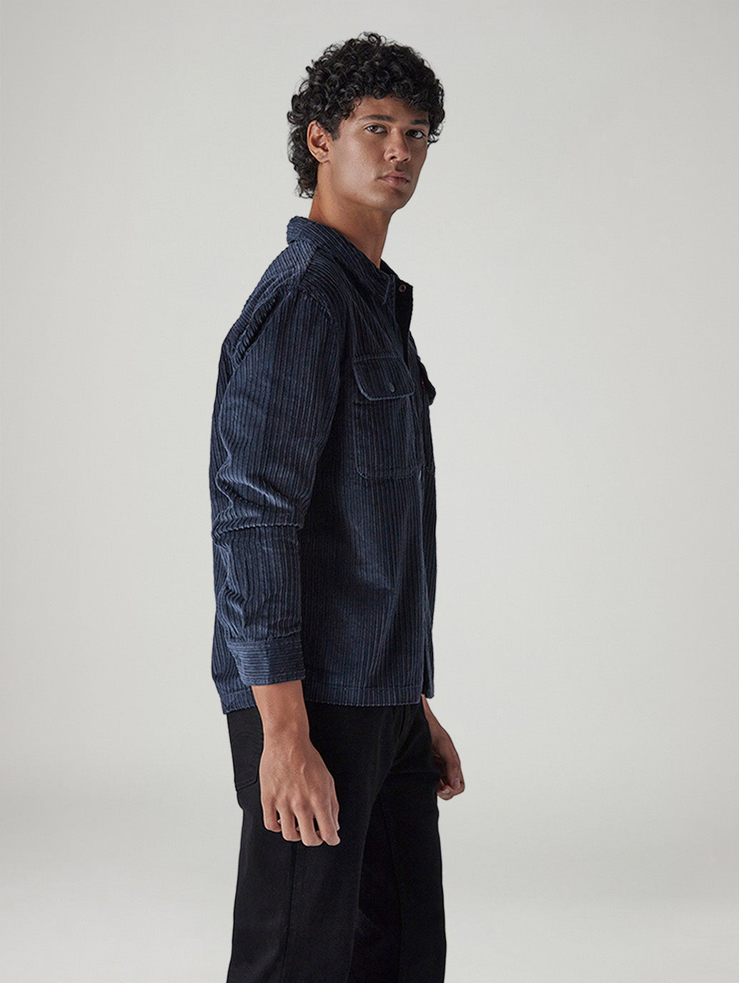 Men's Navy Textured Relaxed Fit Corduroy Shirt - Side View