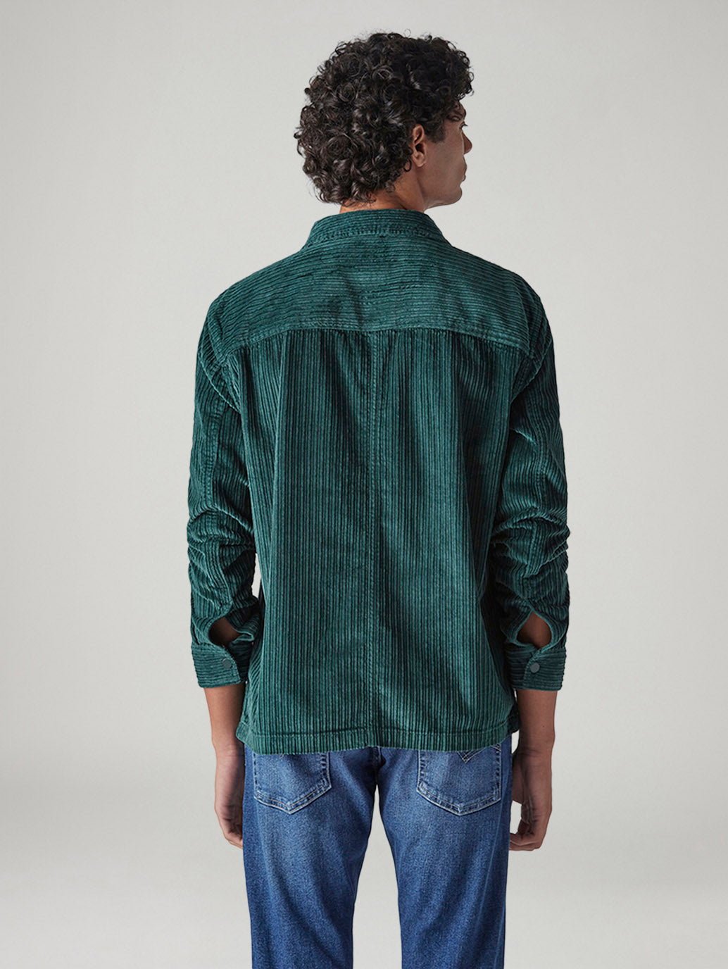 Men's Green Textured Relaxed Fit Corduroy Shirt - Back View