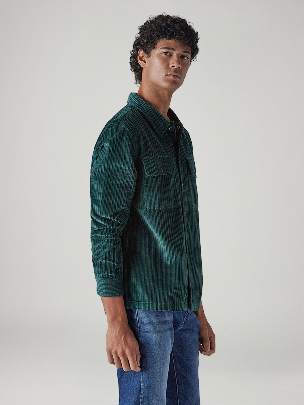 Men's Green Textured Relaxed Fit Corduroy Shirt - Side View
