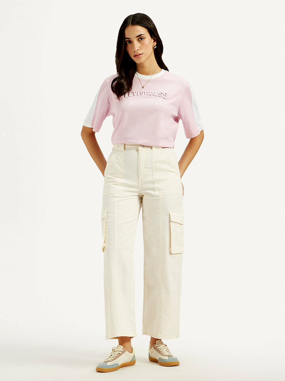 Women's High Rise Off-White Wide Leg Cargo Trousers