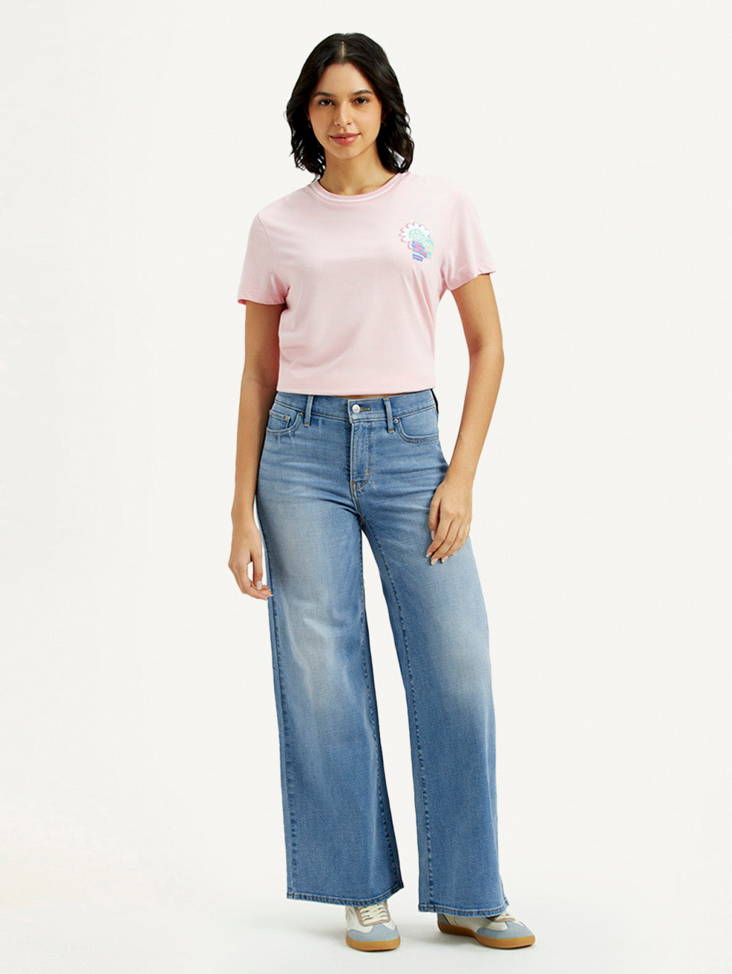 Women's 318 Med Indigo Shaping Wide Leg Fit Mid Rise Jeans