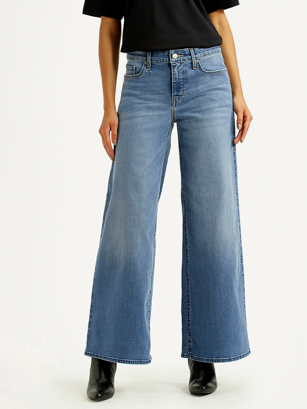 Women's 318 Med Indigo Shaping Wide Leg Fit Mid Rise Jeans - Front View