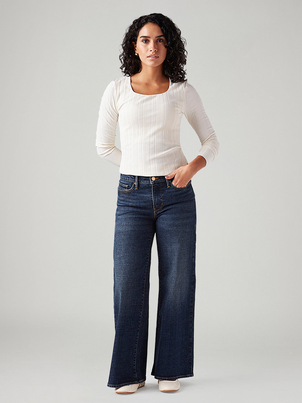Women's 318 Blue Shaping Wide Leg Fit Mid Rise Jeans - Front View