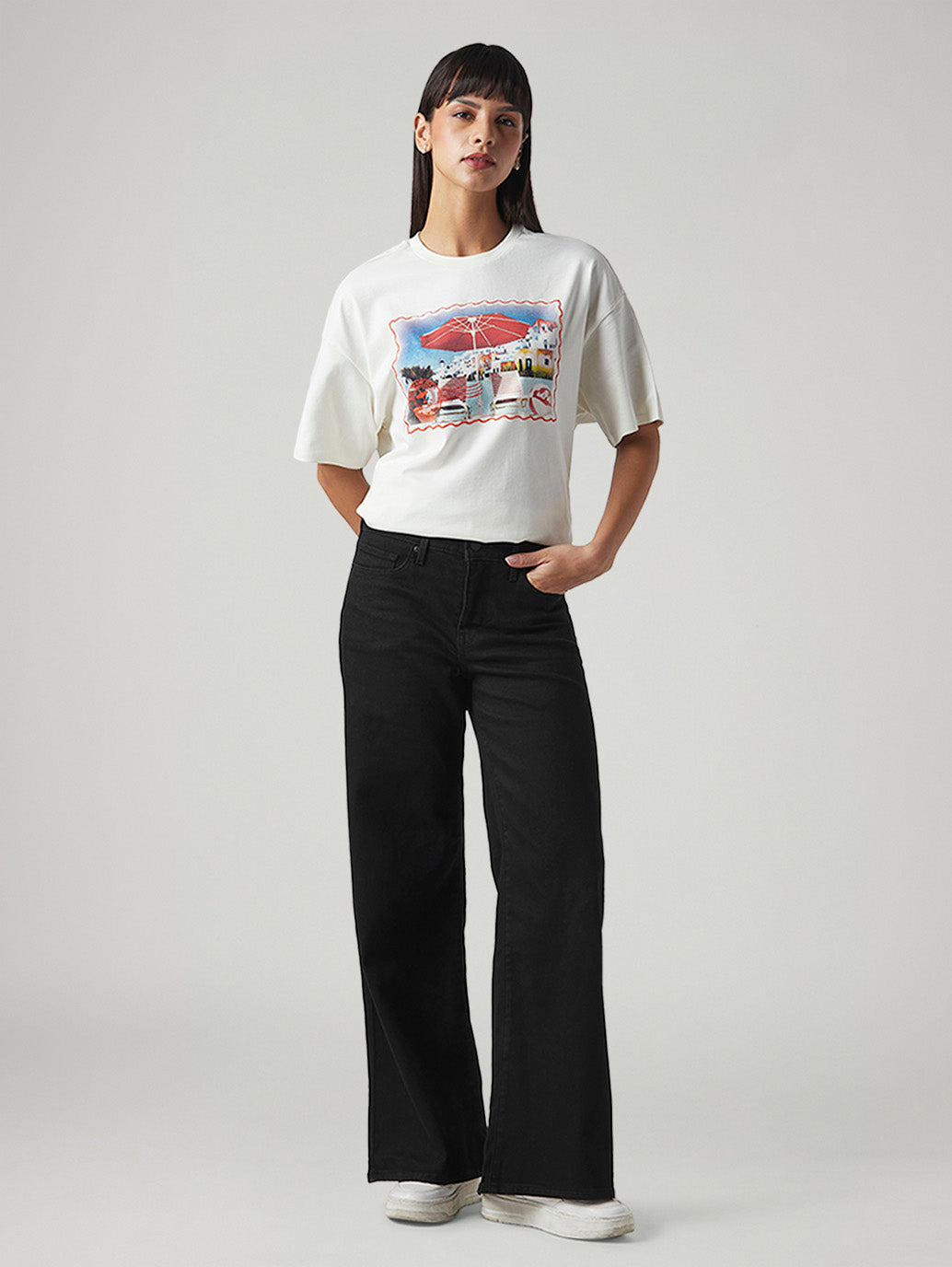 Women's 318 Black Wide Leg Fit Mid Rise Jeans - Front View