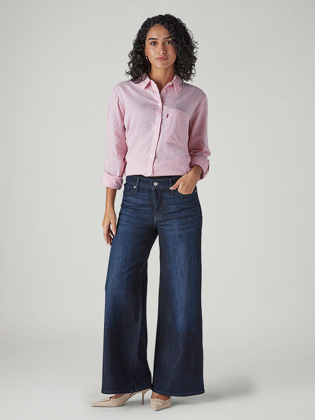 Women's 318 Dark Blue Shaping Wide Leg Fit Mid Rise Jeans - Styleshot View