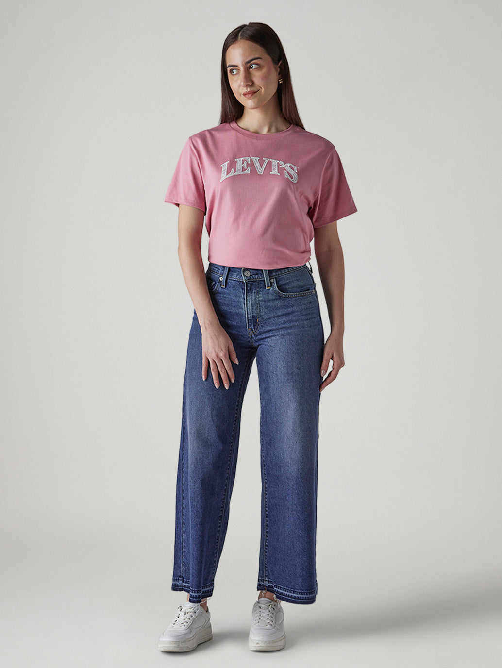 Women's 318 Med Indigo Shaping Wide Leg Fit Mid Rise Jeans - Front View