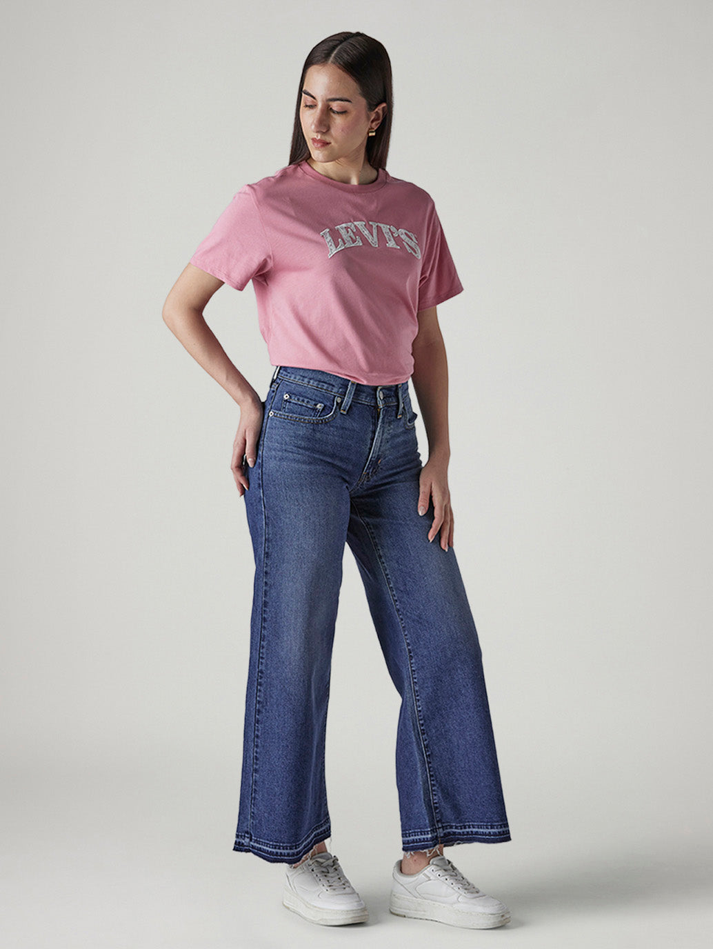 Women's 318 Med Indigo Shaping Wide Leg Fit Mid Rise Jeans - Side View