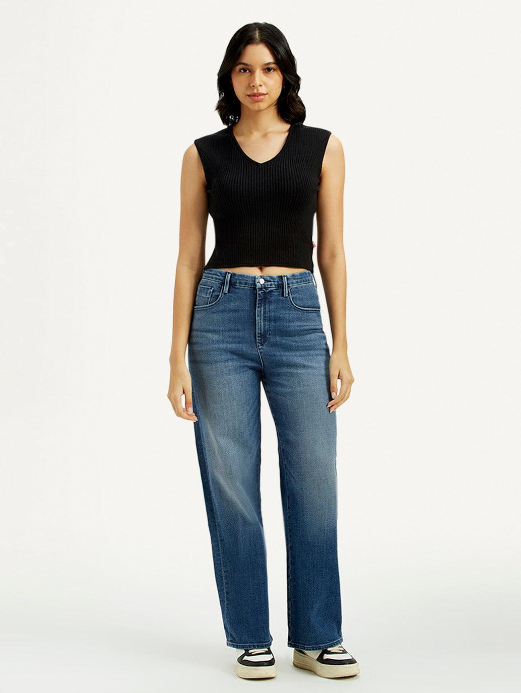 Women's Redloop Med Indigo Mile High Wide Leg Fit High Rise Jeans - Front View