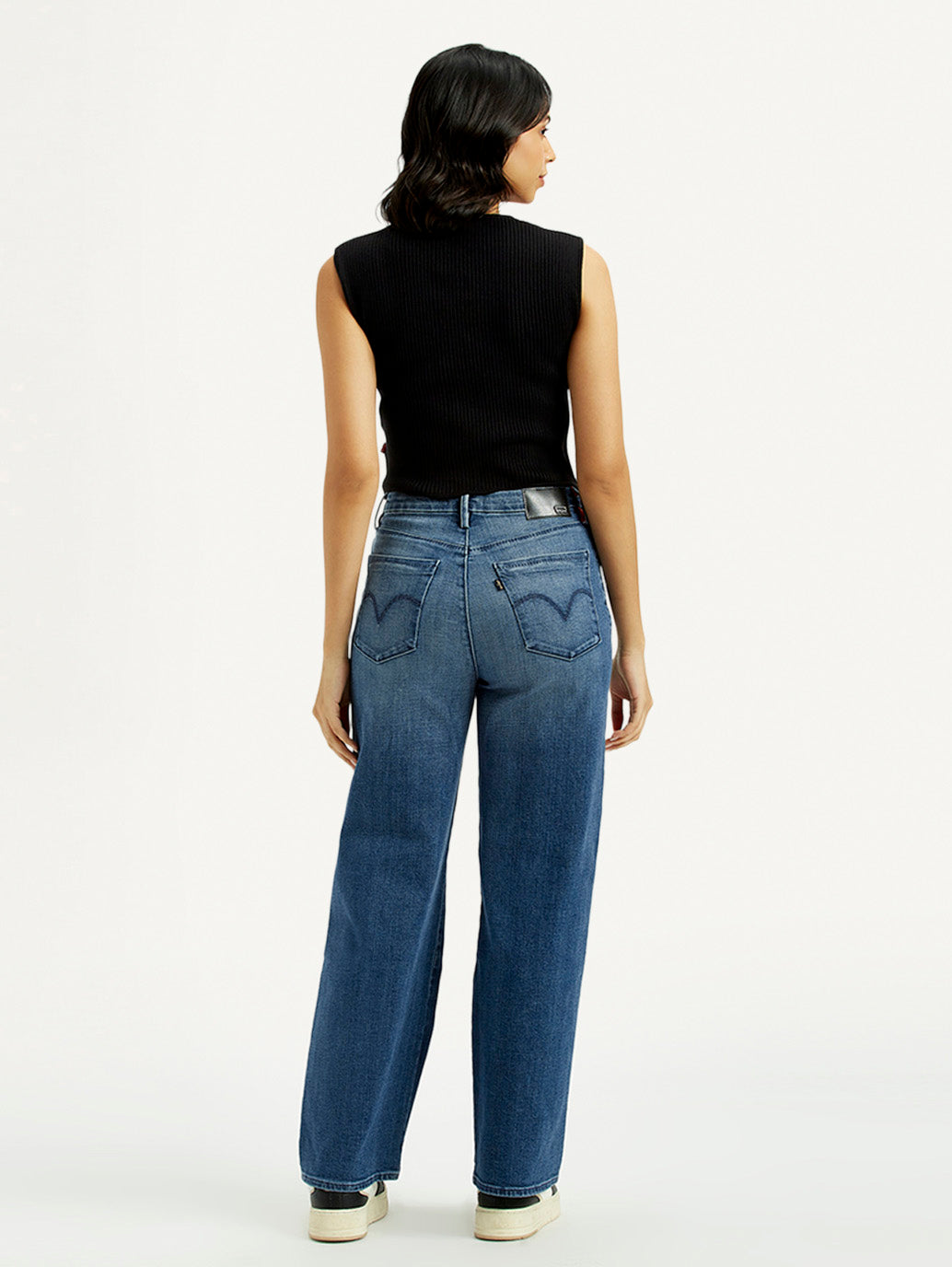 Women's Redloop Med Indigo Mile High Wide Leg Fit High Rise Jeans - Back View