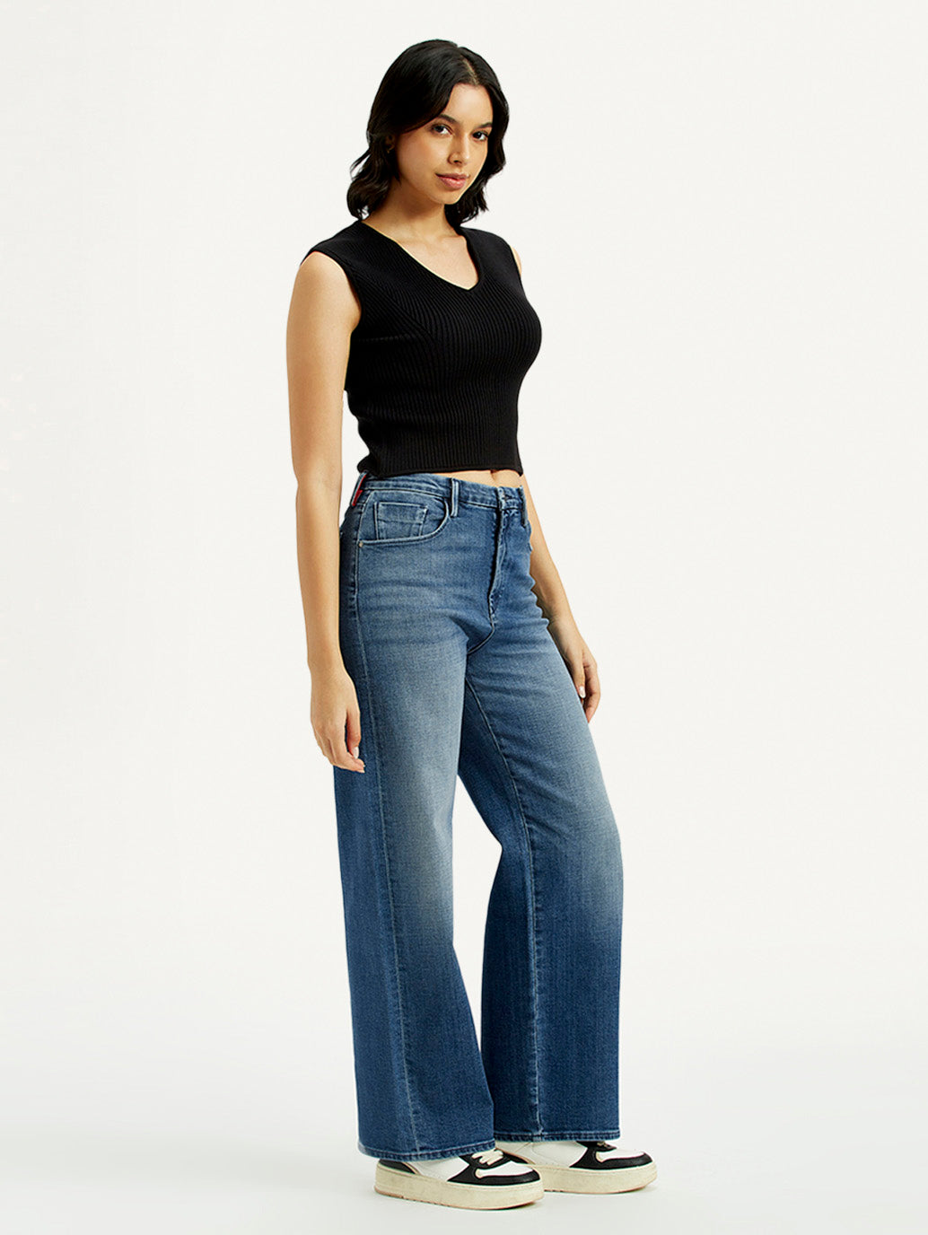 Women's Redloop Med Indigo Mile High Wide Leg Fit High Rise Jeans - Side View