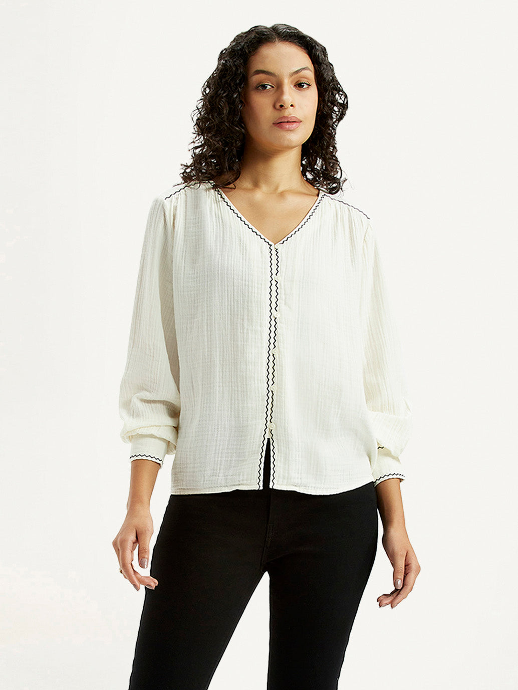 Women's Textured Off White V-Neck Top