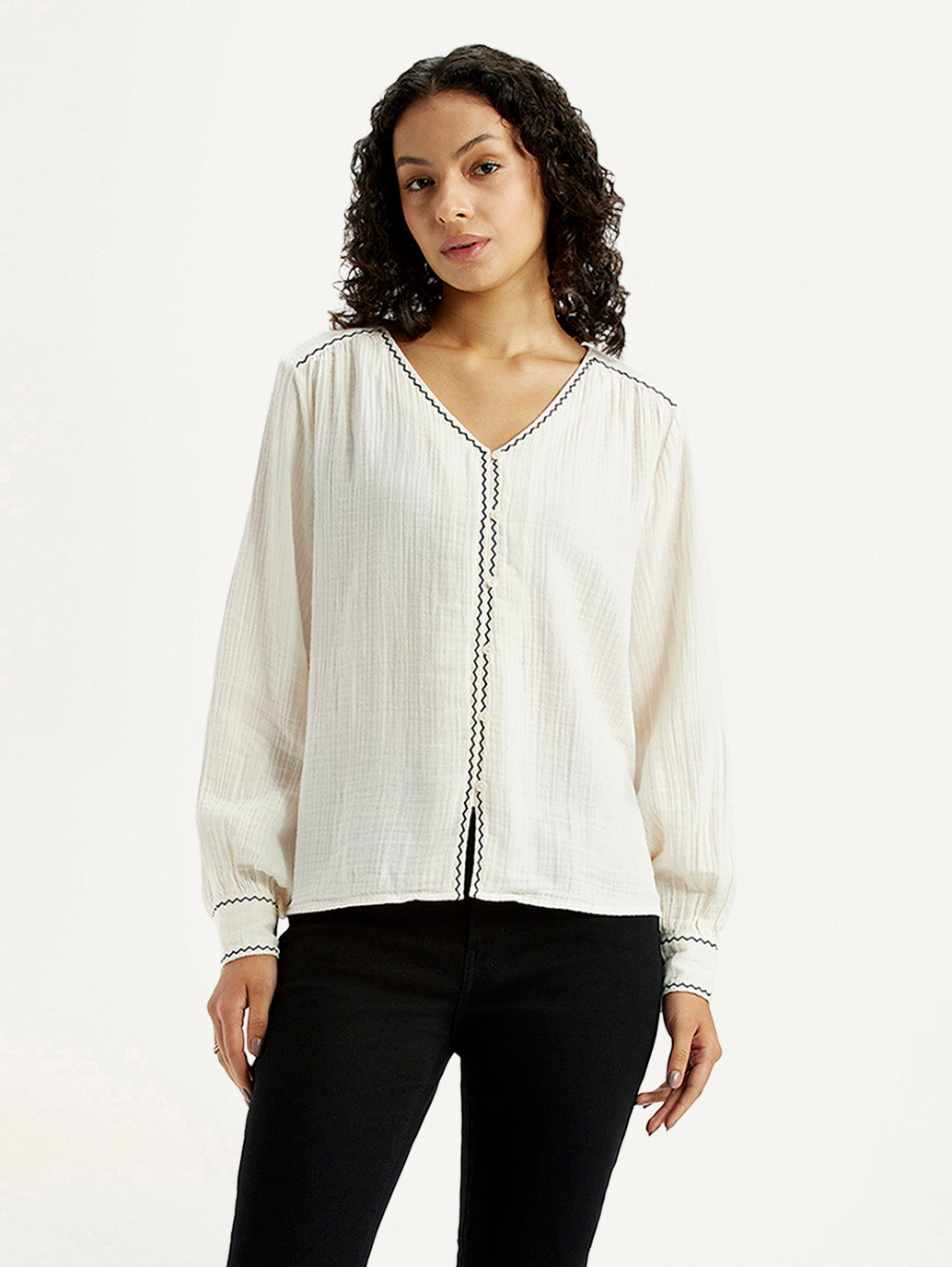 Women's Textured Off White V-Neck Top - Front View