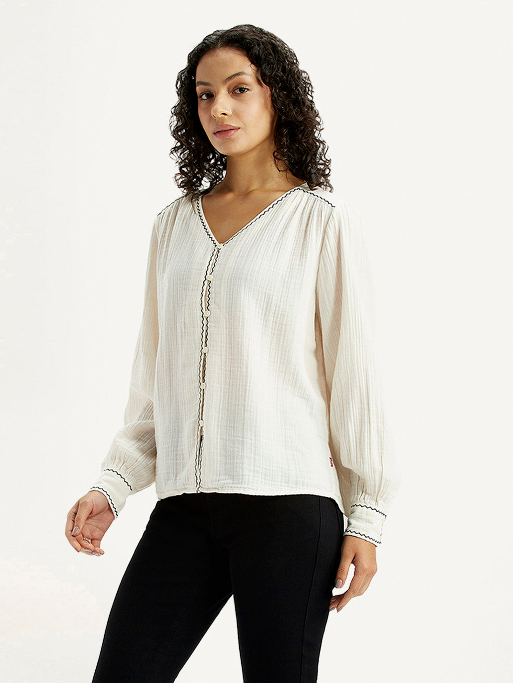 Women's Textured Off White V-Neck Top - Side View