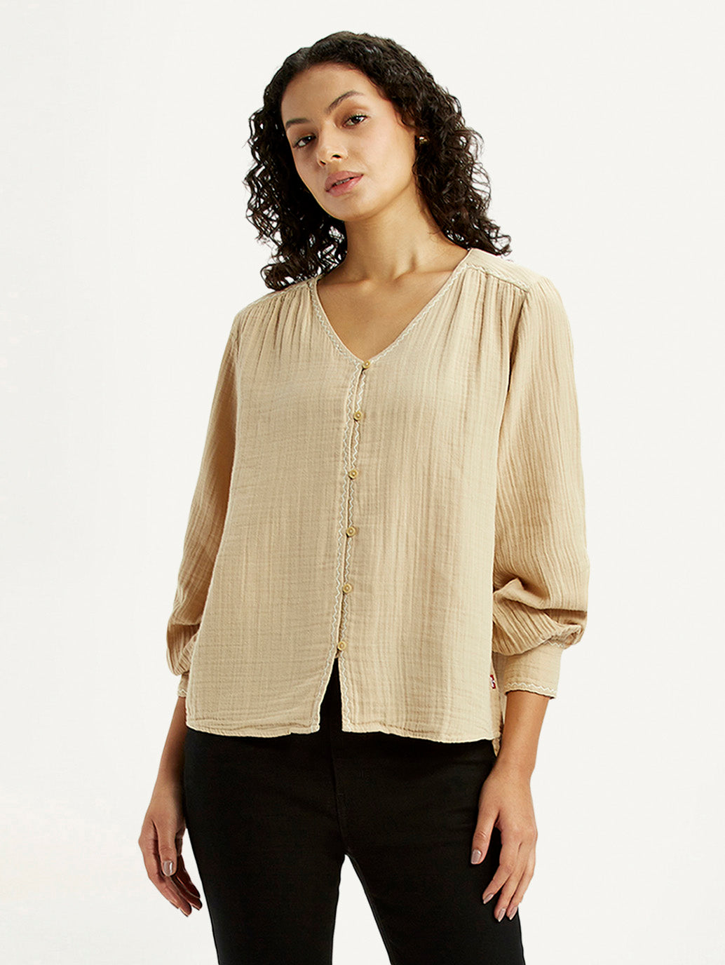 Women's Textured Beige V-Neck Top