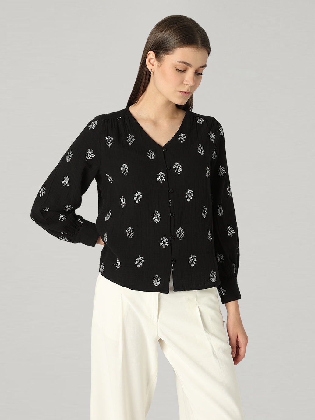 Women's Embroidered Relaxed Fit Top - Styleshot View