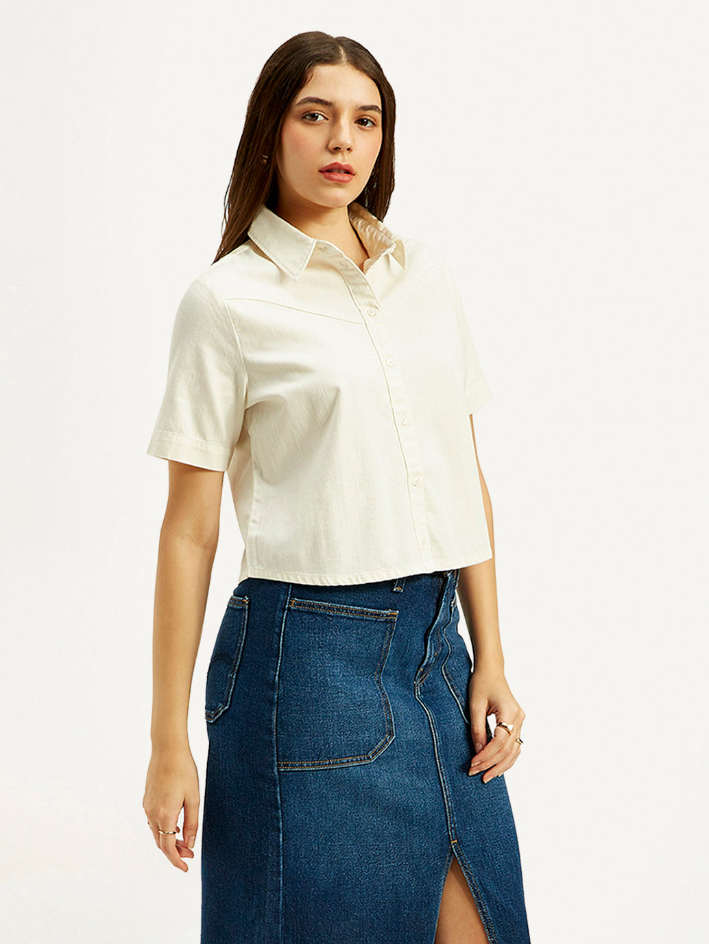 Women's Solid Spread Collar Shirt - Side View