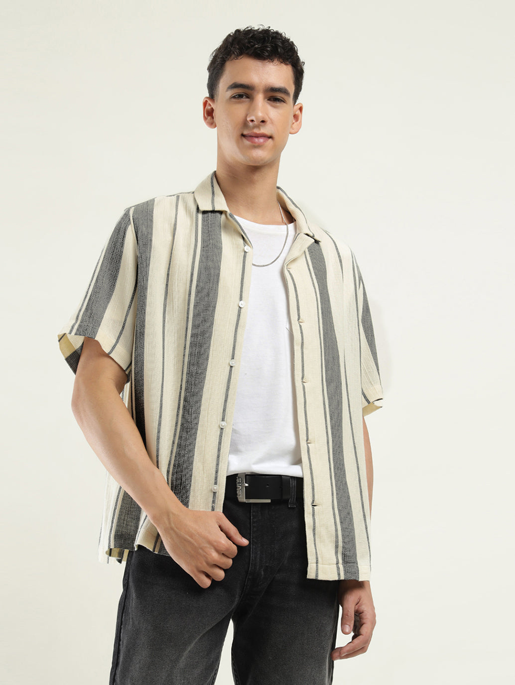 Men's Striped Spread Collar Shirt - Styleshot View