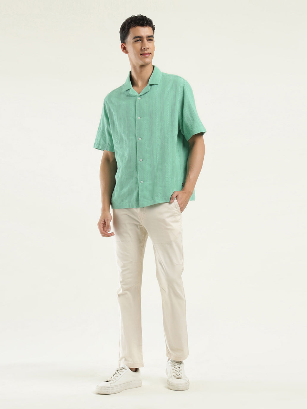 Men's Striped Spread Collar Shirt - ModelFront View