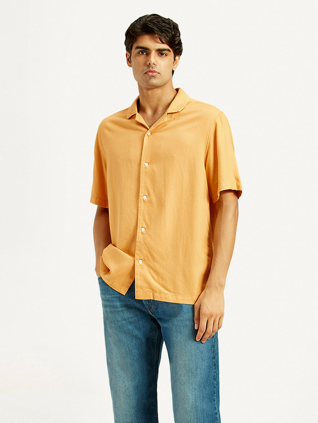 Men's Solid Mustard Camp Shirt - Styleshot View