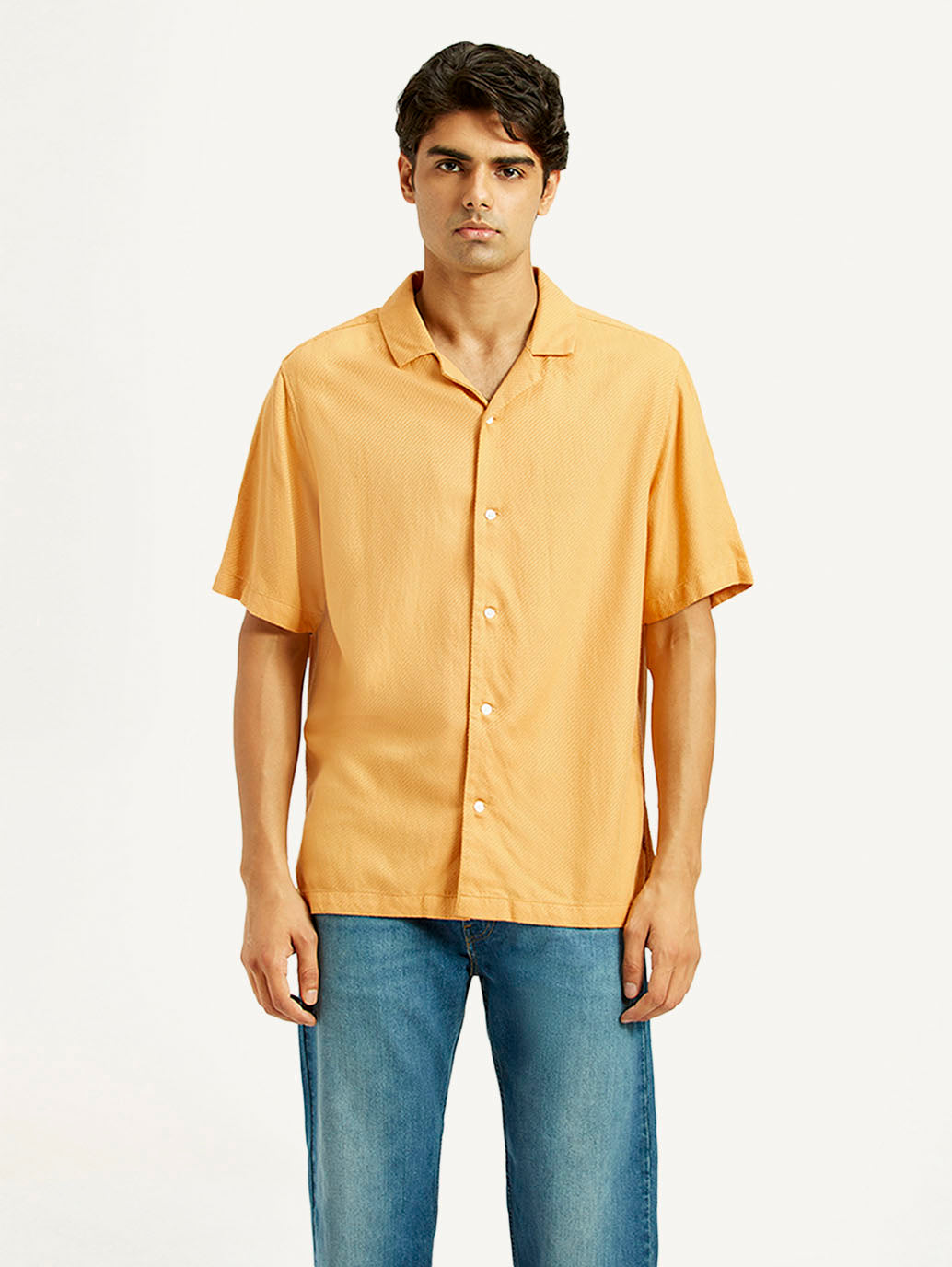 Men's Solid Mustard Camp Shirt - Front View