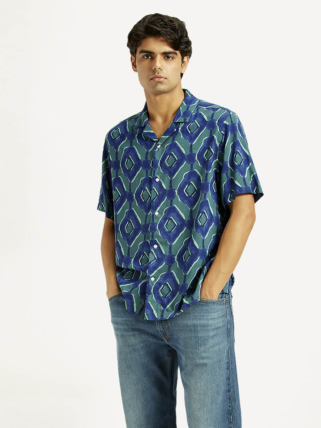 Men's Geometric Blue Camp Shirt - Styleshot View