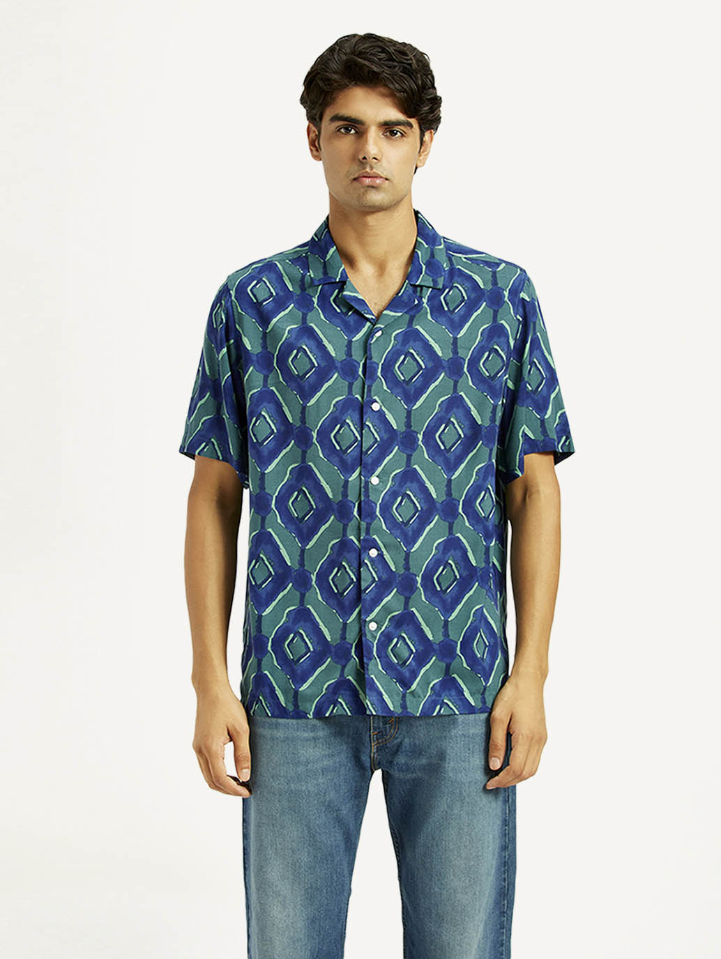 Men's Geometric Blue Camp Shirt - Front View