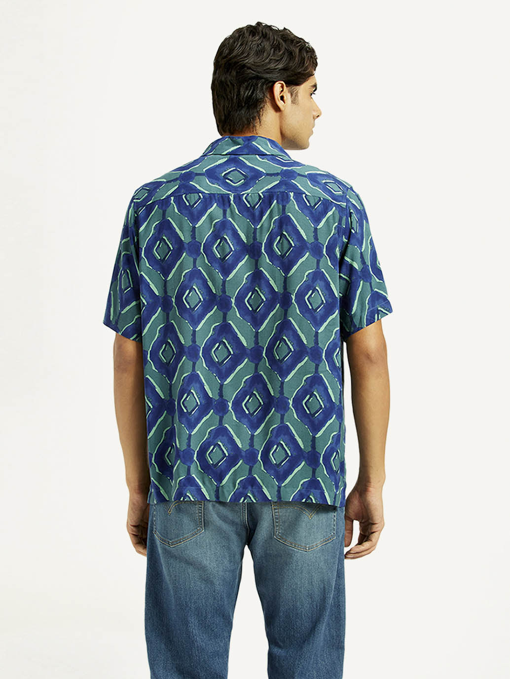 Men's Geometric Blue Camp Shirt - Back View