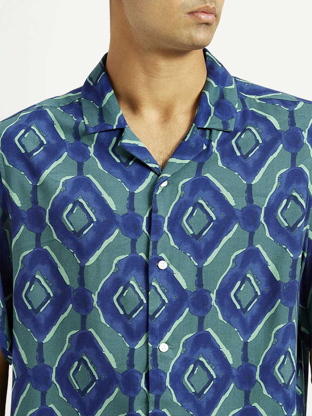 Men's Geometric Blue Camp Shirt - Detail View