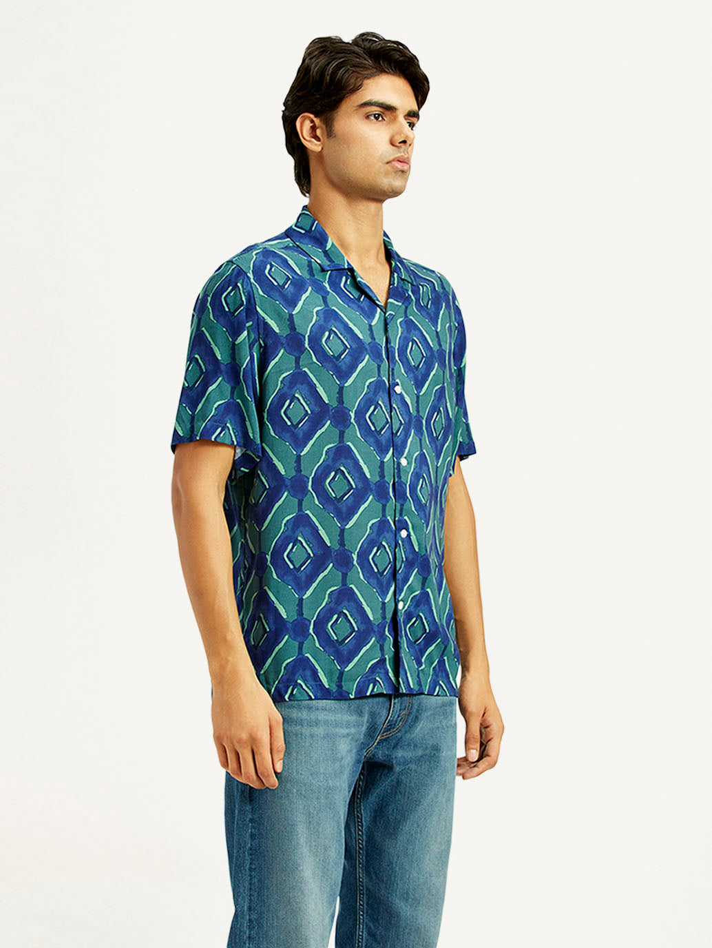Men's Geometric Blue Camp Shirt - Side View