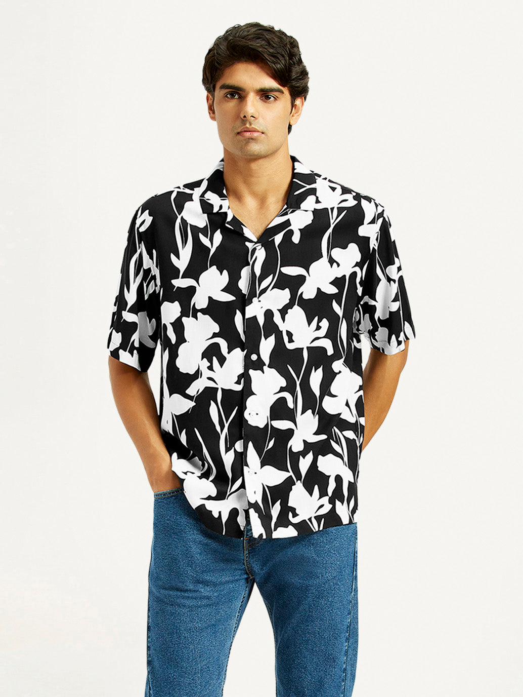 Men's Floral Black Camp Shirt - Styleshot View