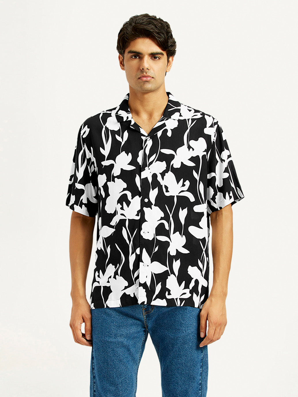 Men's Floral Black Camp Shirt - Front View