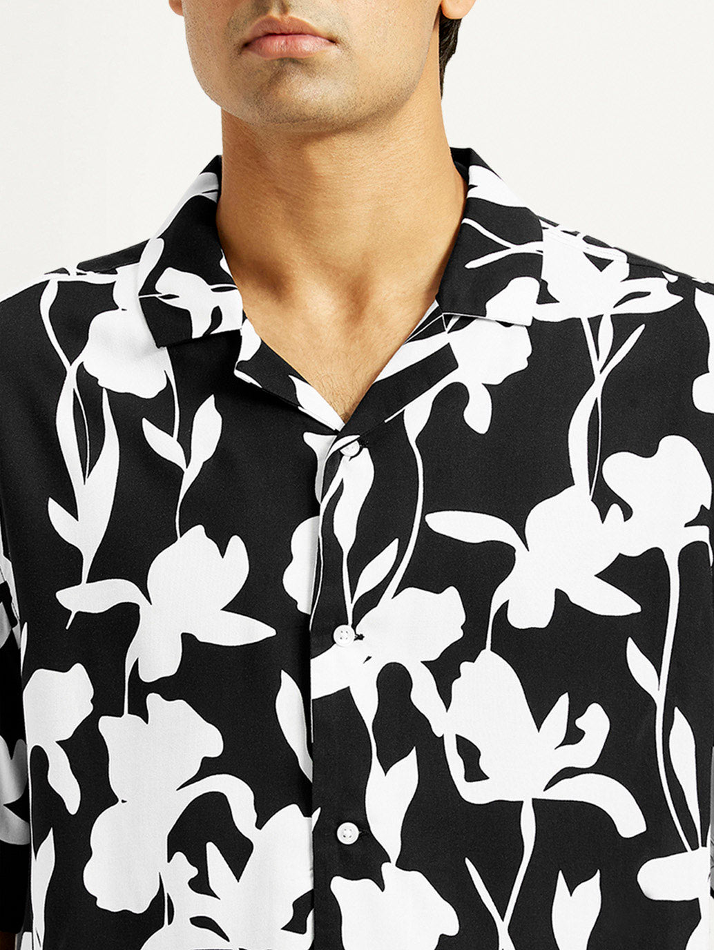 Men's Floral Black Camp Shirt - Detail View
