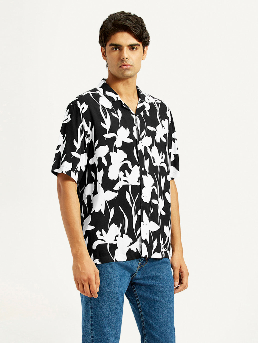 Men's Floral Black Camp Shirt - Side View