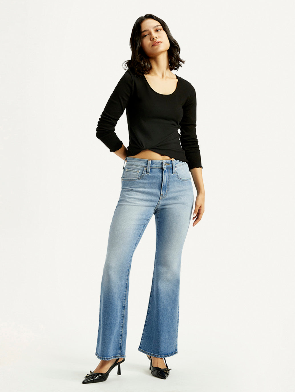 Women's 726 Blue Slim Flared Fit High Rise Jeans - Styleshot View