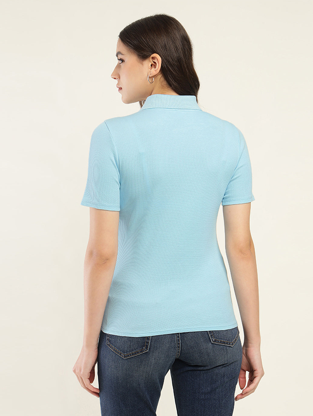 Women's Solid Slim Fit Polo T-Shirt - Back View
