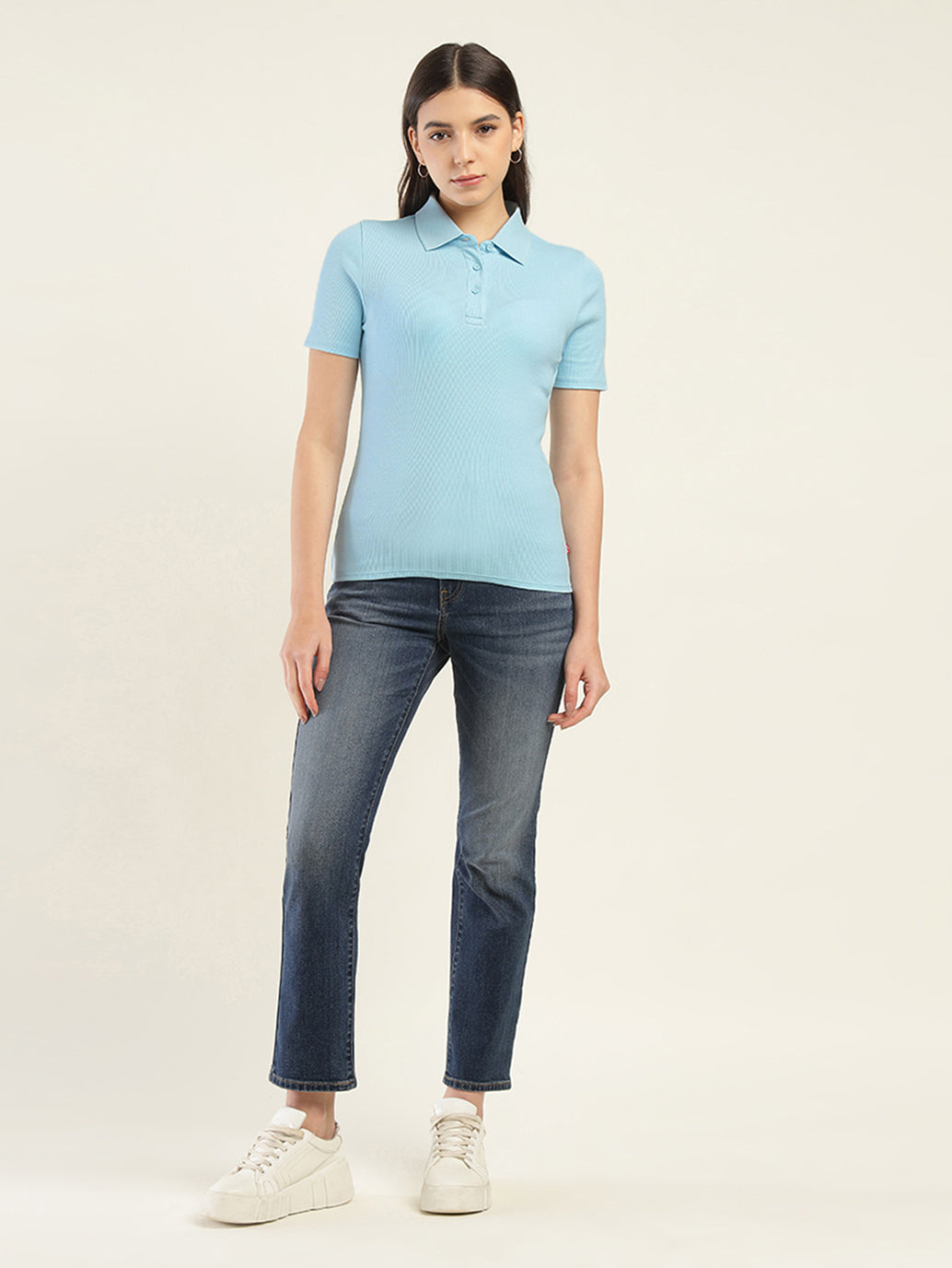 Women's Solid Slim Fit Polo T-Shirt - ModelFront View