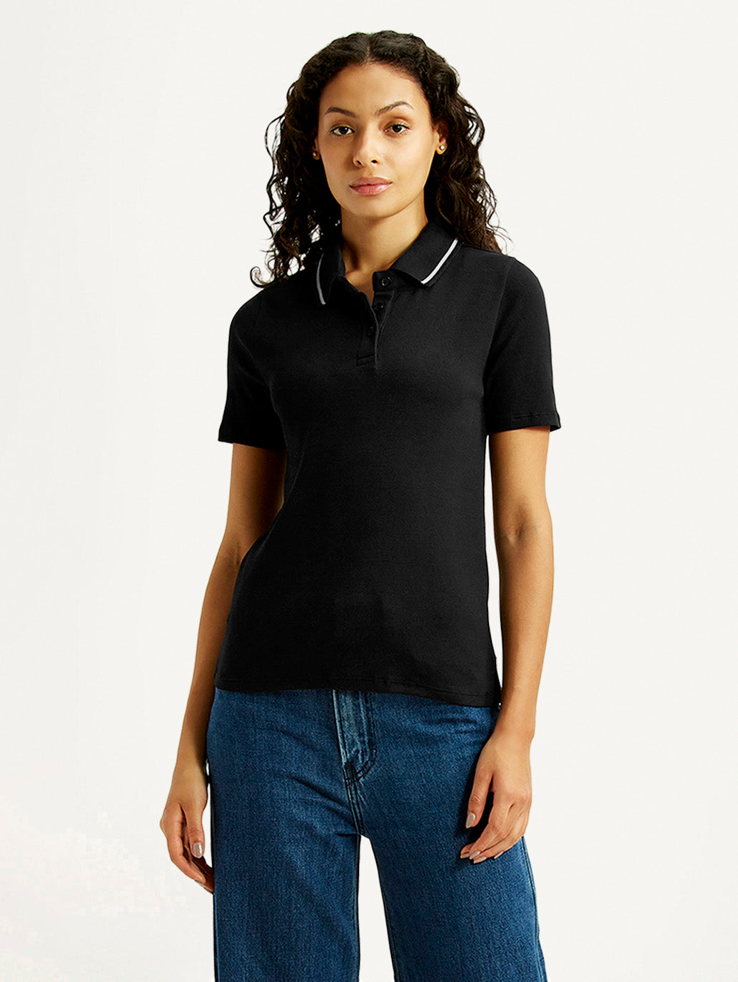 Women's Solid Black Slim Fit Polo Ribbed T-shirt