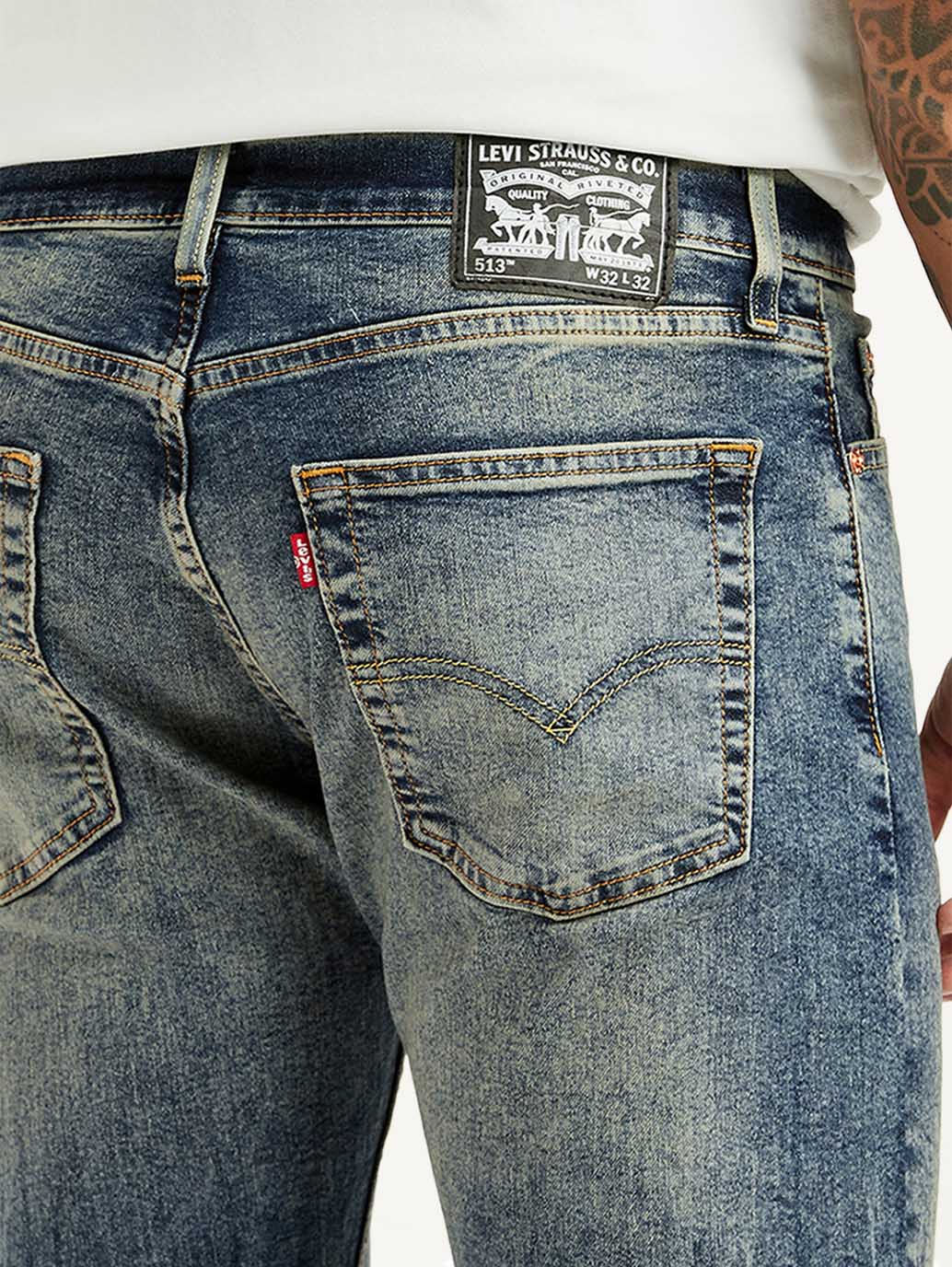 Men's Tinted 513 Blue Slim Tapered Fit Mid Rise Jeans - Detail View