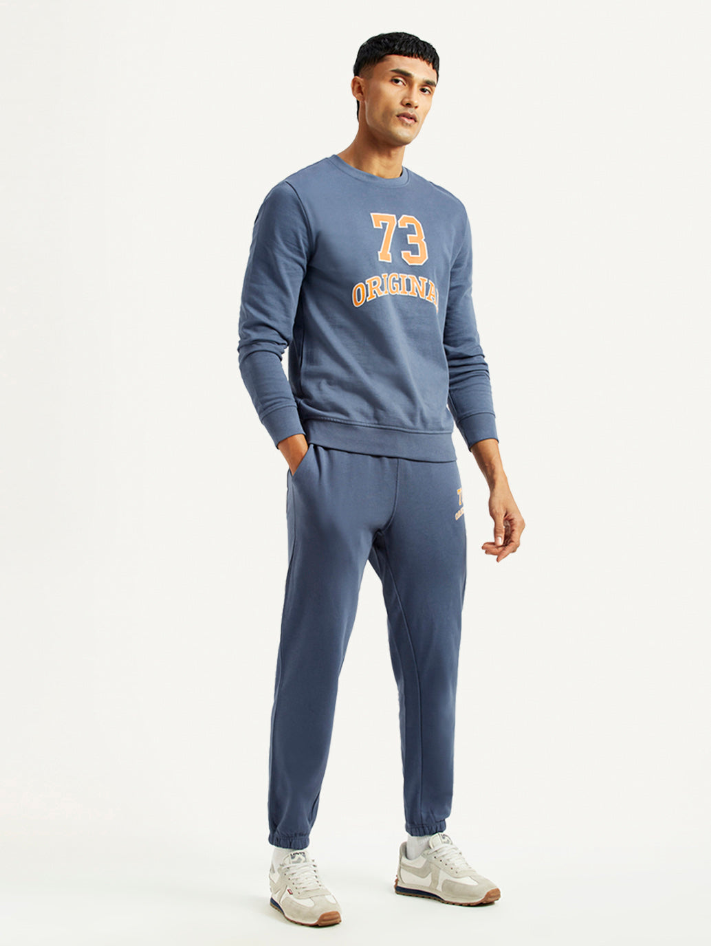 Men's Graphic Blue Crew Neck Co-Ord Set - Side View