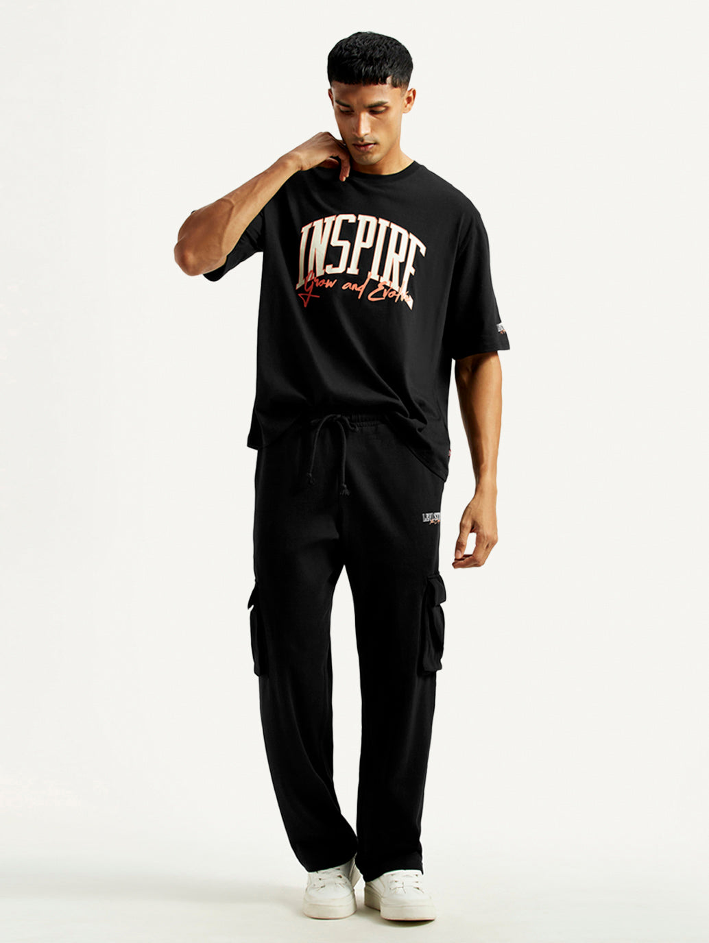 Men's Typography Black Crew Neck Co-Ord Set - Styleshot View