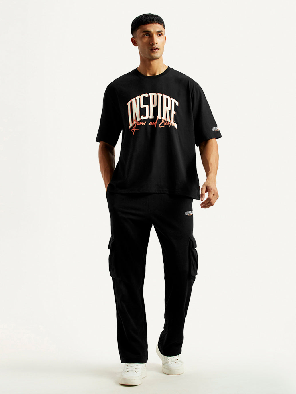 Men's Typography Black Crew Neck Co-Ord Set - Front View