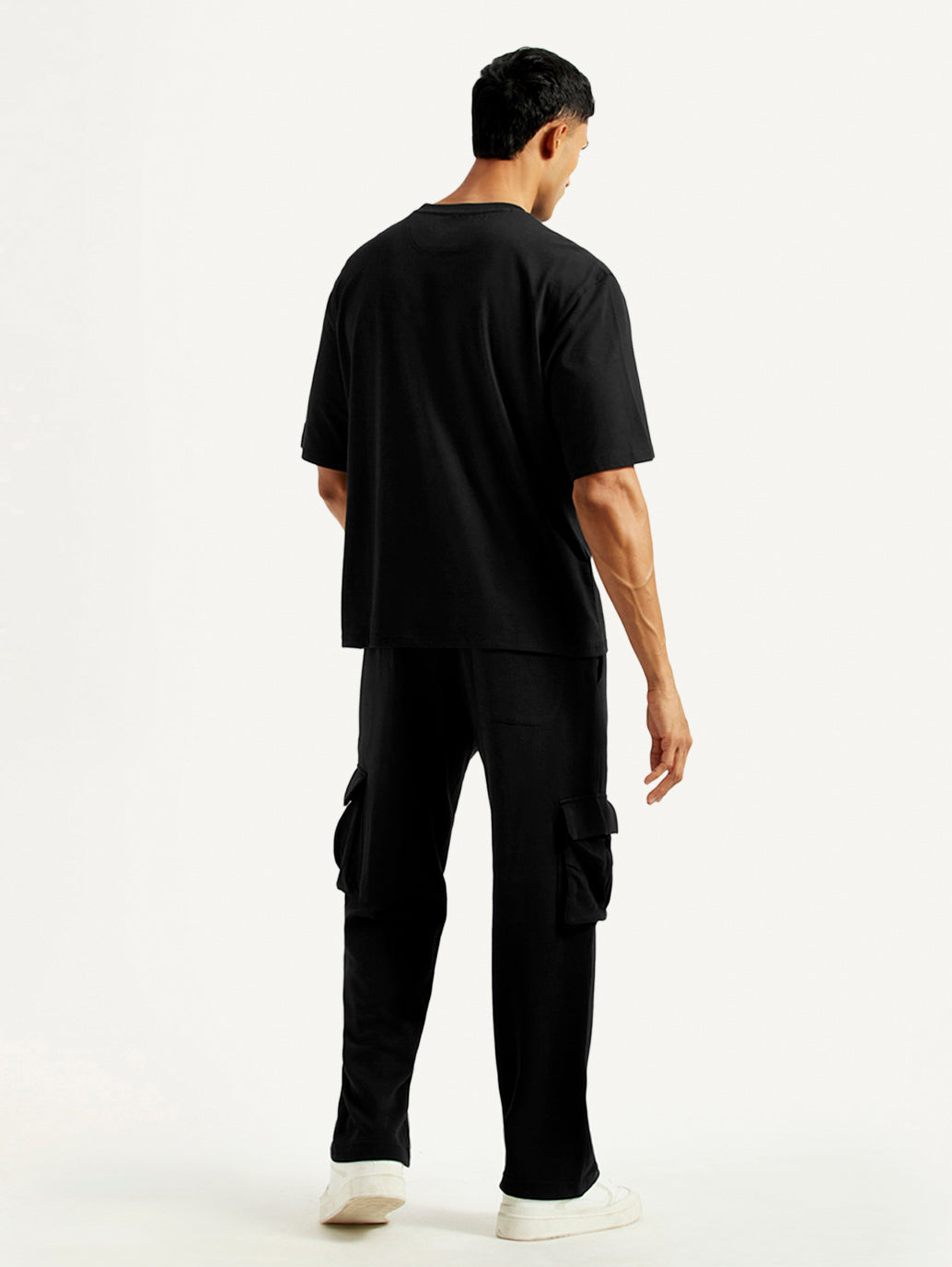 Men's Typography Black Crew Neck Co-Ord Set - Back View