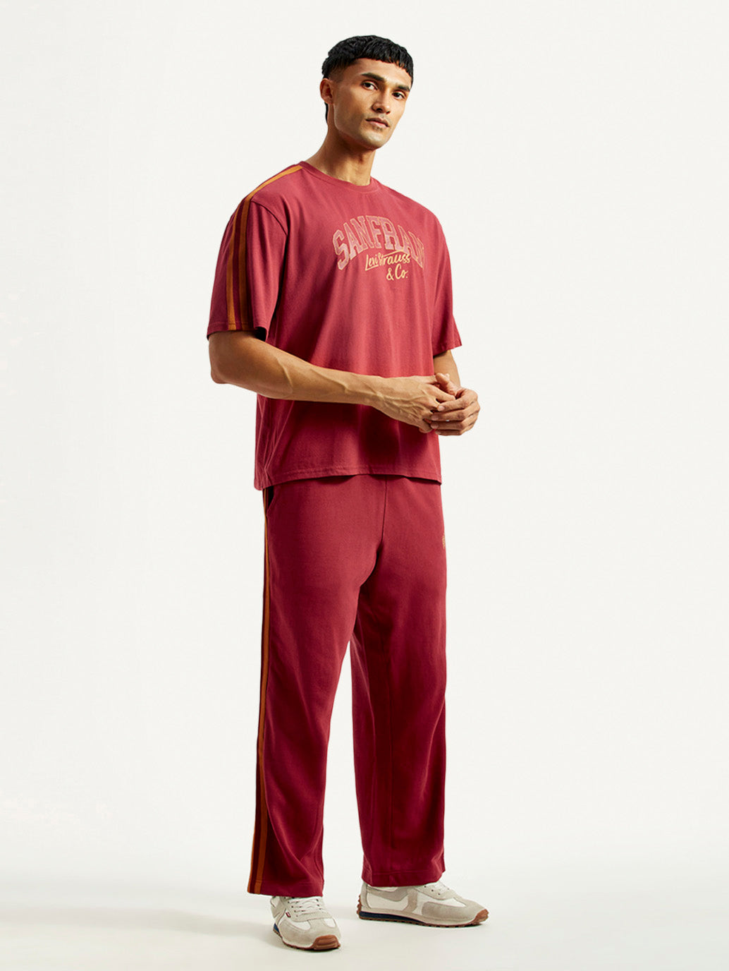 Men's Typography Maroon Crew Neck Co-Ord Set - Side View
