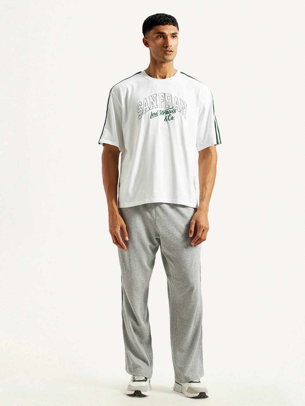 Men's Typography White Crew Neck Co-Ord Set - Front View