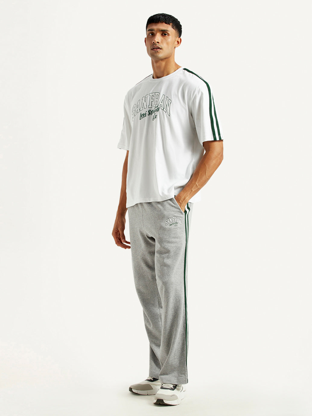 Men's Typography White Crew Neck Co-Ord Set - Side View
