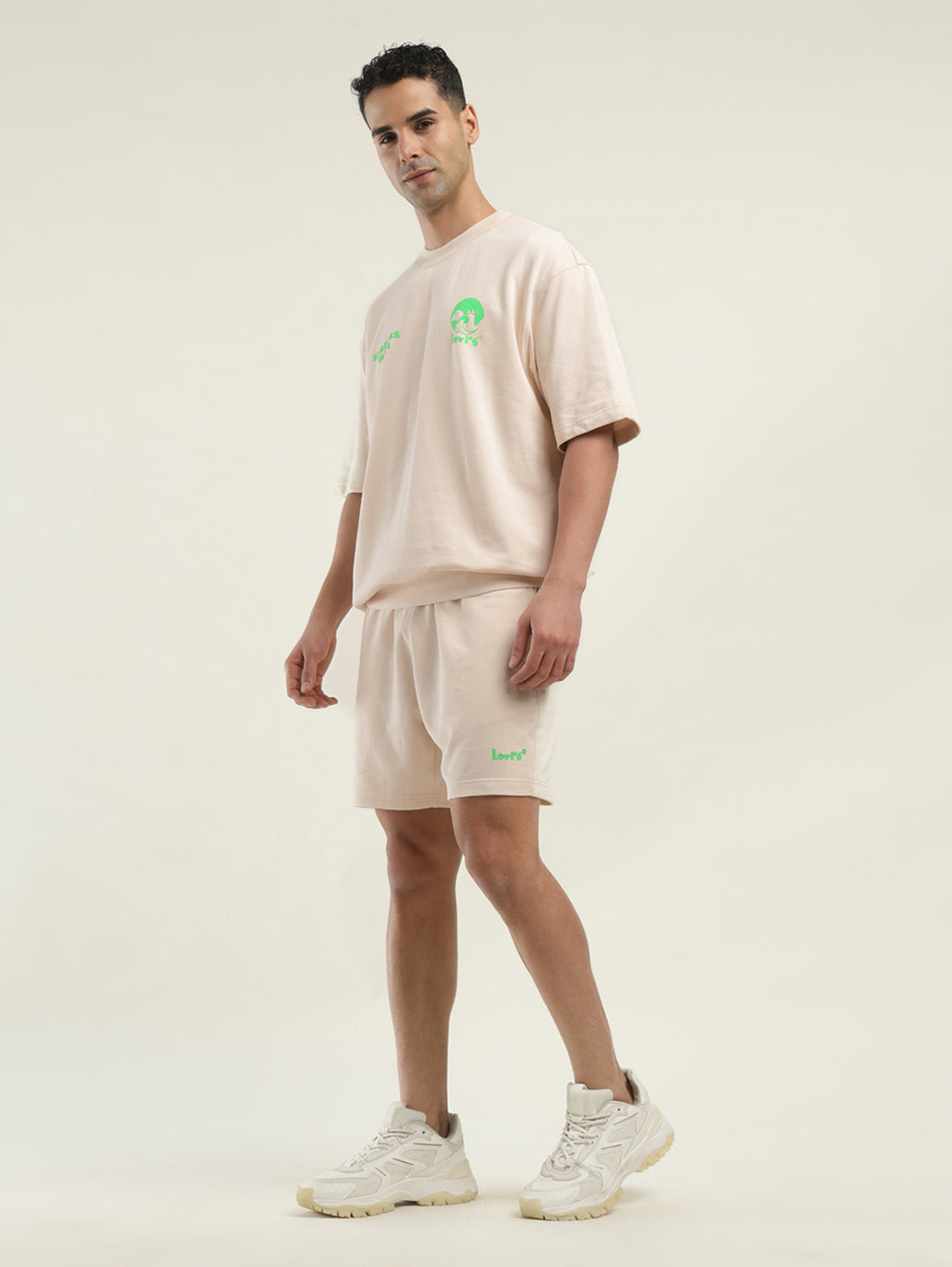 Men's Solid Cream Crew Neck Co-ord Set