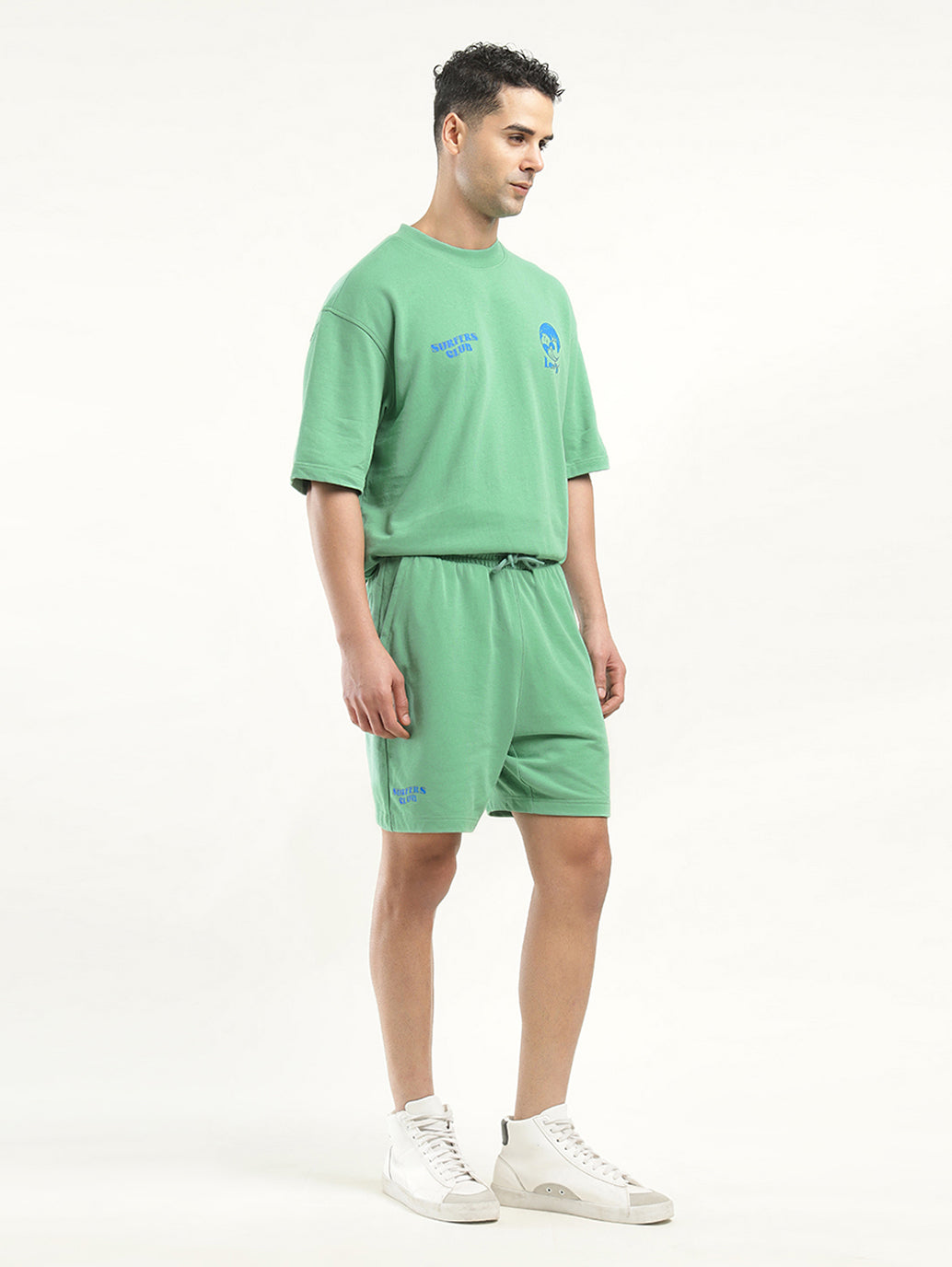 Men's Solid Green Crew Neck Co-ord Set - Front View